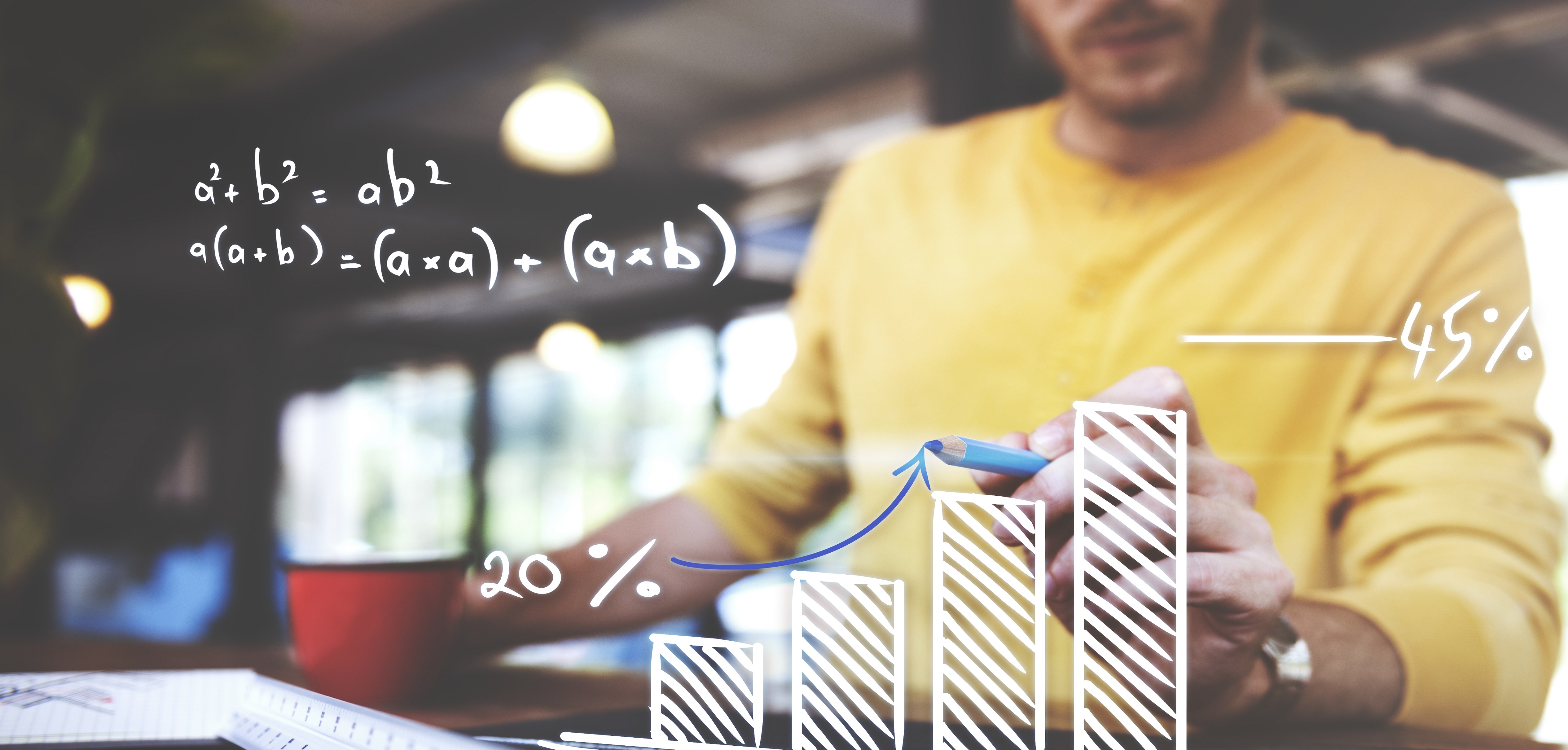 Closeup of man writing arrow up graph increase