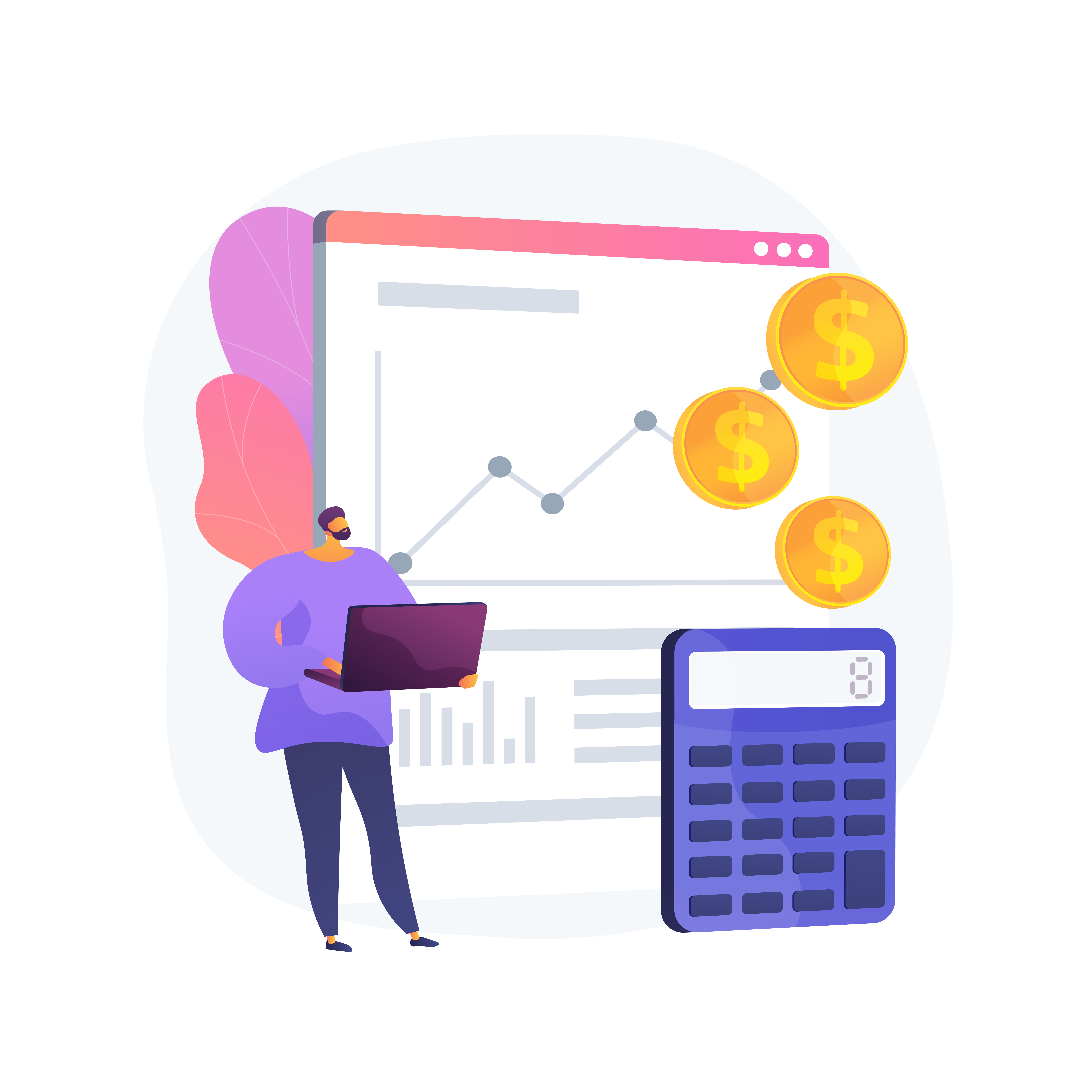 Business accounting, profit growth, calculation. Data analysis, analytics and statistics. Accountant, bookkeeper with laptop cartoon character. Vector isolated concept metaphor illustration.